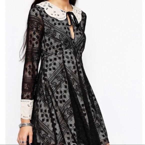 Free People Dresses & Skirts - Free People Black “Talk the Talk” Collared Fit and Flare Lace Dress 6